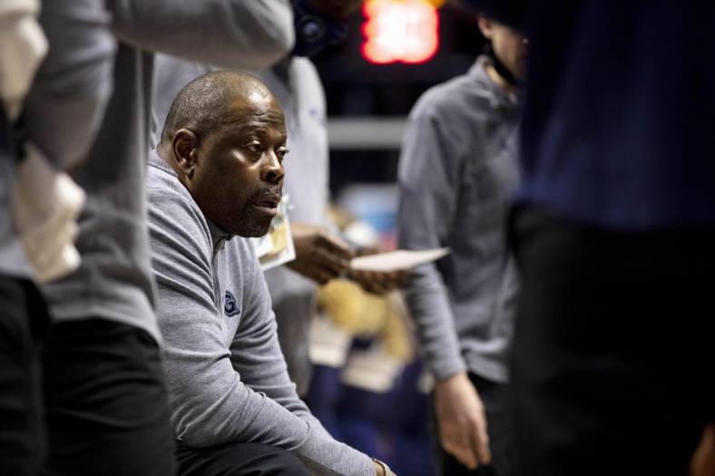 Mar 5, 2022; Cincinnati, OH, USA; Georgetown Hoyas head coach Patrick Ewing speaks to his team during the first half against the Xavier Musketeers at the Cintas Center. Mandatory Credit: Albert Cesare/The Cincinnati Enquirer Sentinel via USA TODAY NETWORK