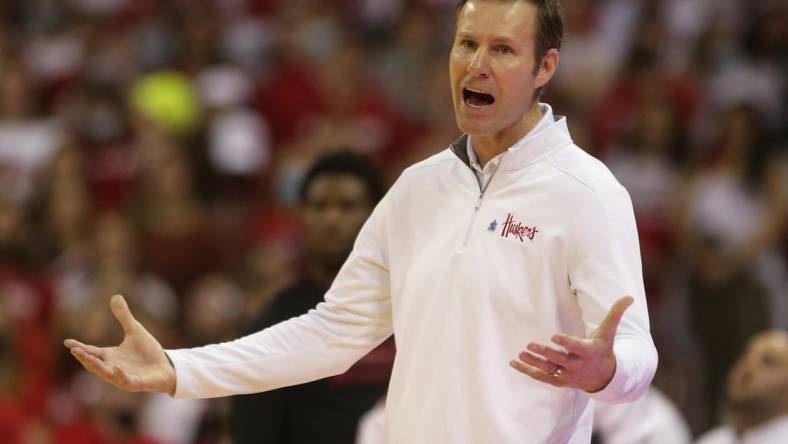 Mar 6, 2022; Madison, Wisconsin, USA;  Nebraska Cornhuskers head coach Fred Hoiberg protests a referee call during the game with the Wisconsin Badgers at the Kohl Center. Mandatory Credit: Mary Langenfeld-USA TODAY Sports