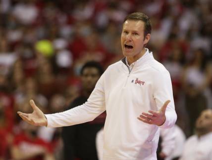 Mar 6, 2022; Madison, Wisconsin, USA;  Nebraska Cornhuskers head coach Fred Hoiberg protests a referee call during the game with the Wisconsin Badgers at the Kohl Center. Mandatory Credit: Mary Langenfeld-USA TODAY Sports
