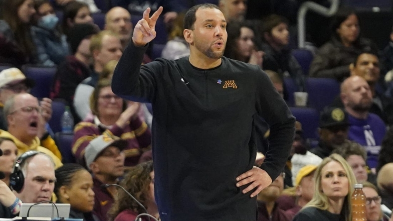 Mar 6, 2022; Evanston, Illinois, USA; Minnesota Golden Gophers head coach Ben Johnson gestures to his team during the second half at Welsh-Ryan Arena. Mandatory Credit: David Banks-USA TODAY Sports