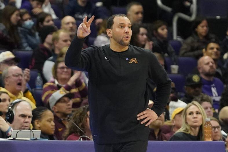 Mar 6, 2022; Evanston, Illinois, USA; Minnesota Golden Gophers head coach Ben Johnson gestures to his team during the second half at Welsh-Ryan Arena. Mandatory Credit: David Banks-USA TODAY Sports