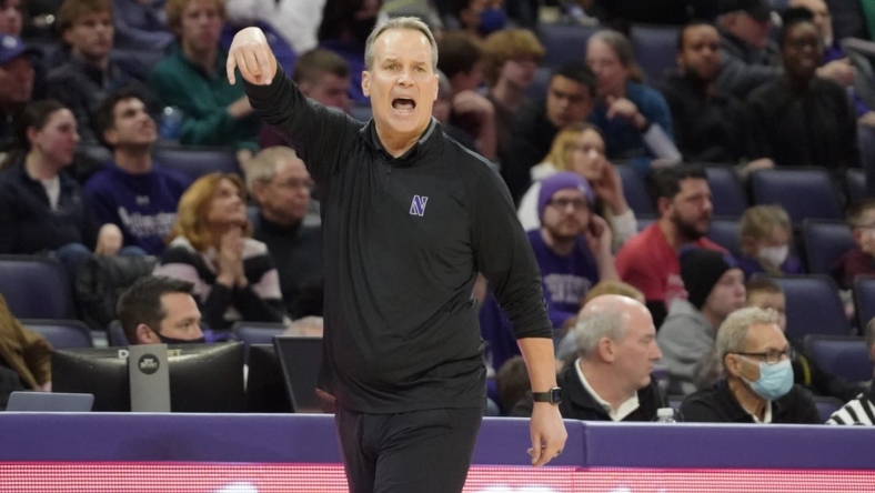 Mar 6, 2022; Evanston, Illinois, USA; Northwestern Wildcats head coach Chris Collins gestures to his team during the second half at Welsh-Ryan Arena. Mandatory Credit: David Banks-USA TODAY Sports