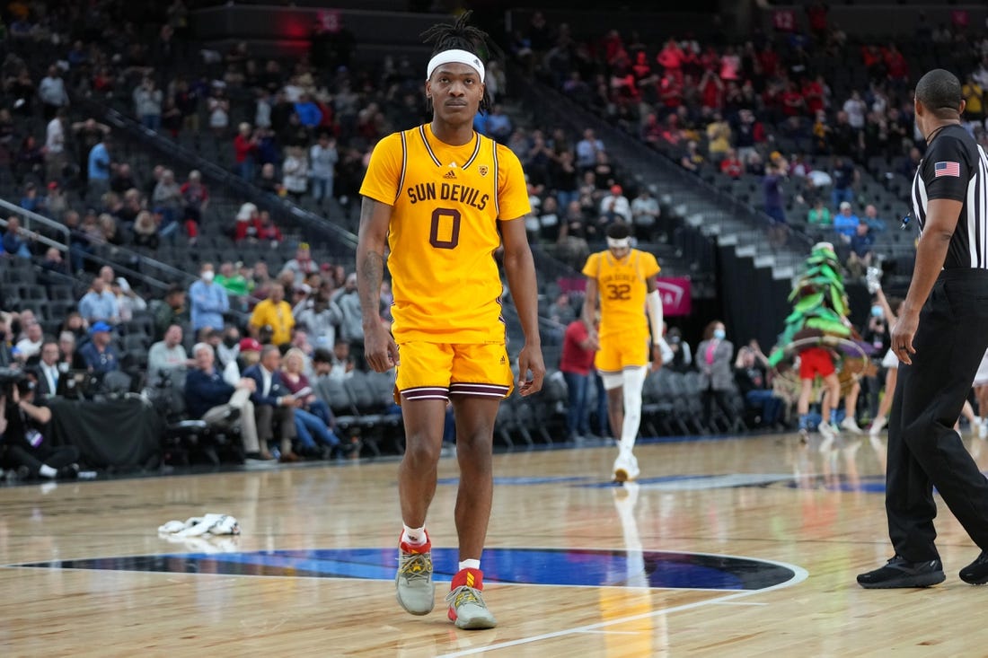 Mar 9, 2022; Las Vegas, Nevada, USA; Arizona State Sun Devils guard DJ Horne (0) walks off the court after the Stanford Cardinal defeated the Sun Devils 71-70 at T-Mobile Arena. Mandatory Credit: Stephen R. Sylvanie-USA TODAY Sports