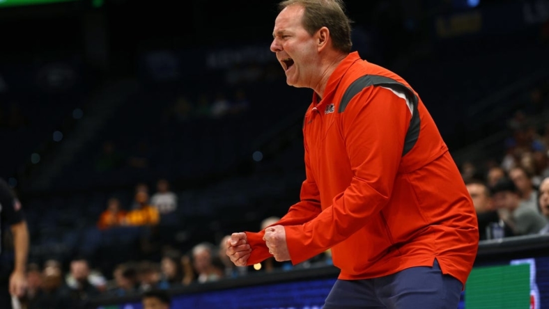 Mar 9, 2022; Tampa, FL, USA; Mississippi Rebels head coach Kermit Davis against the Missouri Tigers during the first half at Amalie Arena. Mandatory Credit: Kim Klement-USA TODAY Sports