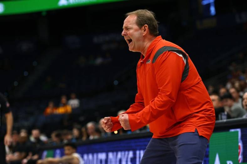 Mar 9, 2022; Tampa, FL, USA; Mississippi Rebels head coach Kermit Davis against the Missouri Tigers during the first half at Amalie Arena. Mandatory Credit: Kim Klement-USA TODAY Sports