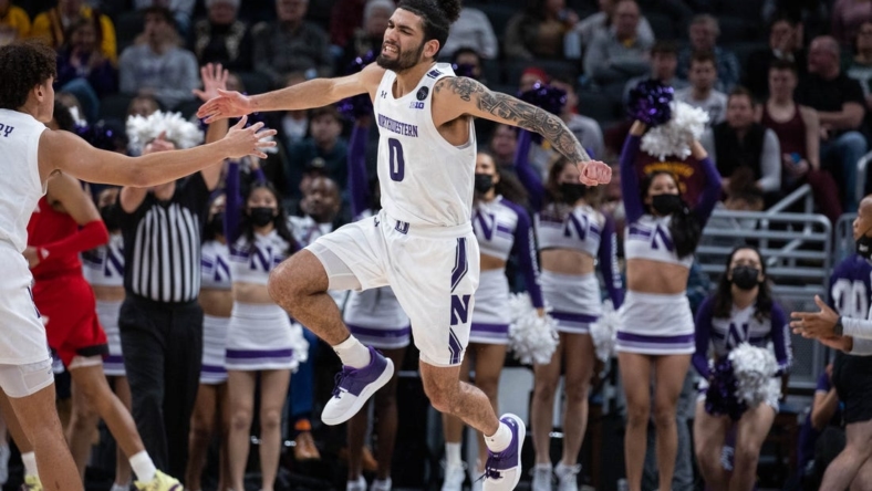 Mar 9, 2022; Indianapolis, IN, USA; Northwestern Wildcats guard Boo Buie (0) reacts to a made basket in the game against the Nebraska Cornhuskers at Gainbridge Fieldhouse. Mandatory Credit: Trevor Ruszkowski-USA TODAY Sports