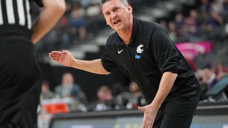 Mar 9, 2022; Las Vegas, Nevada, USA; Washington State Cougars head coach Kyle Smith argues a call during the first half against the California Golden Bears at T-Mobile Arena. Mandatory Credit: Stephen R. Sylvanie-USA TODAY Sports