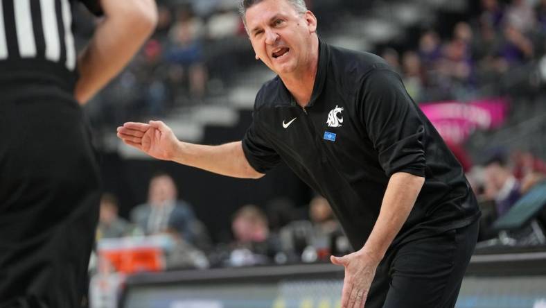 Mar 9, 2022; Las Vegas, Nevada, USA; Washington State Cougars head coach Kyle Smith argues a call during the first half against the California Golden Bears at T-Mobile Arena. Mandatory Credit: Stephen R. Sylvanie-USA TODAY Sports