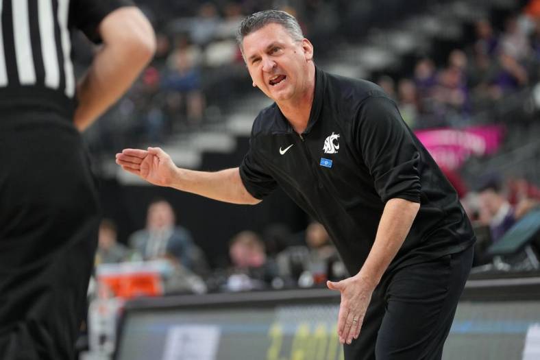 Mar 9, 2022; Las Vegas, Nevada, USA; Washington State Cougars head coach Kyle Smith argues a call during the first half against the California Golden Bears at T-Mobile Arena. Mandatory Credit: Stephen R. Sylvanie-USA TODAY Sports