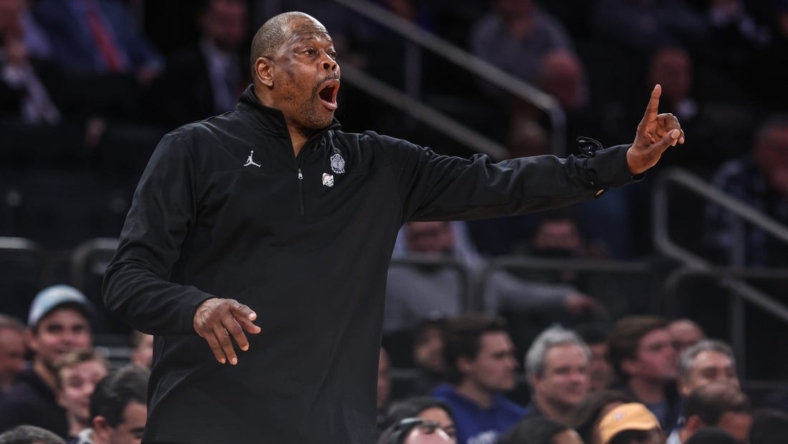 Mar 9, 2022; New York, NY, USA; Georgetown Hoyas head coach Patrick Ewing coaches during the first half during the Big East Conference Tournament against the Seton Hall Pirates at Madison Square Garden. Mandatory Credit: Vincent Carchietta-USA TODAY Sports