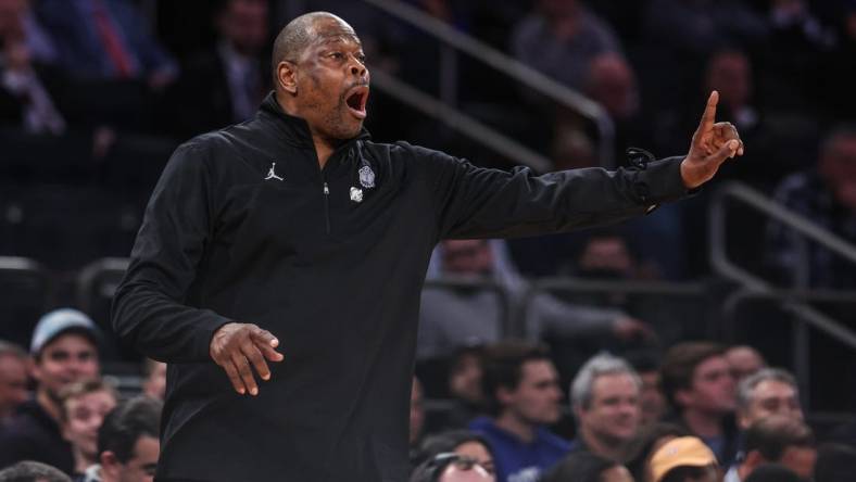 Mar 9, 2022; New York, NY, USA; Georgetown Hoyas head coach Patrick Ewing coaches during the first half during the Big East Conference Tournament against the Seton Hall Pirates at Madison Square Garden. Mandatory Credit: Vincent Carchietta-USA TODAY Sports