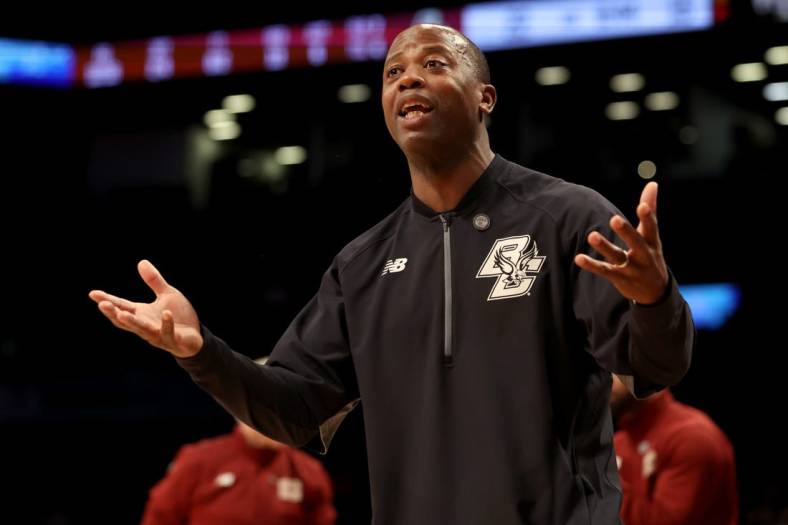 Mar 9, 2022; Brooklyn, NY, USA; Boston College Eagles head coach Earl Grant argues with a referee during the first half against the Wake Forest Demon Deacons at Barclays Center. Mandatory Credit: Brad Penner-USA TODAY Sports