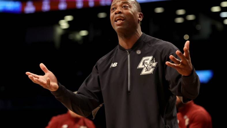 Mar 9, 2022; Brooklyn, NY, USA; Boston College Eagles head coach Earl Grant argues with a referee during the first half against the Wake Forest Demon Deacons at Barclays Center. Mandatory Credit: Brad Penner-USA TODAY Sports