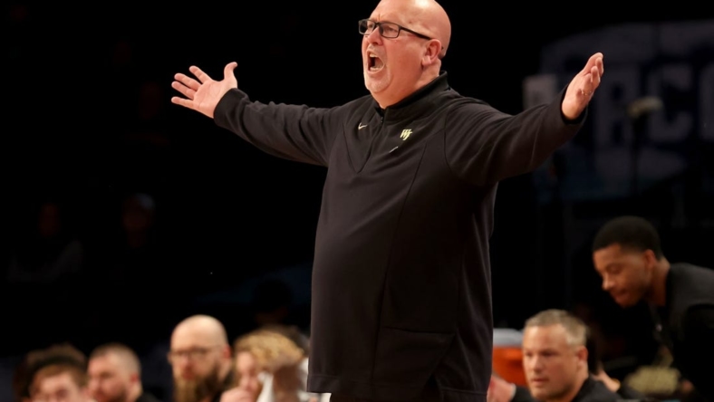 Mar 9, 2022; Brooklyn, NY, USA; Wake Forest Demon Deacons head coach Steve Forbes reacts during overtime against the Boston College Eagles at Barclays Center. Boston College defeated Wake Forest 82-77. Mandatory Credit: Brad Penner-USA TODAY Sports