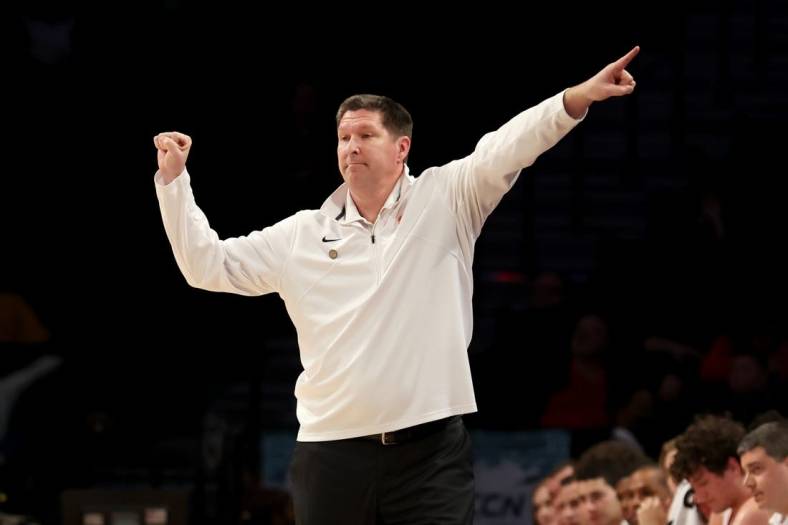 Mar 8, 2022; Brooklyn, NY, USA; Clemson Tigers head coach Brad Brownell coaches against the North Carolina State Wolfpack during the first half at Barclays Center. Mandatory Credit: Brad Penner-USA TODAY Sports