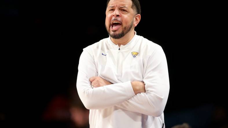 Mar 8, 2022; Brooklyn, NY, USA; Pittsburgh Panthers head coach Jeff Capel III coaches against the Boston College Eagles during the second half at Barclays Center. Mandatory Credit: Brad Penner-USA TODAY Sports