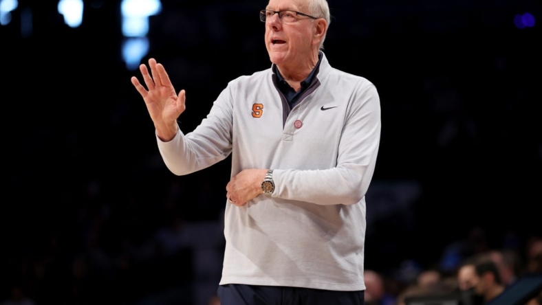 Mar 10, 2022; Brooklyn, NY, USA; Syracuse Orange head coach Jim Boeheim coaches against the Duke Blue Devils during the first half at Barclays Center. Mandatory Credit: Brad Penner-USA TODAY Sports