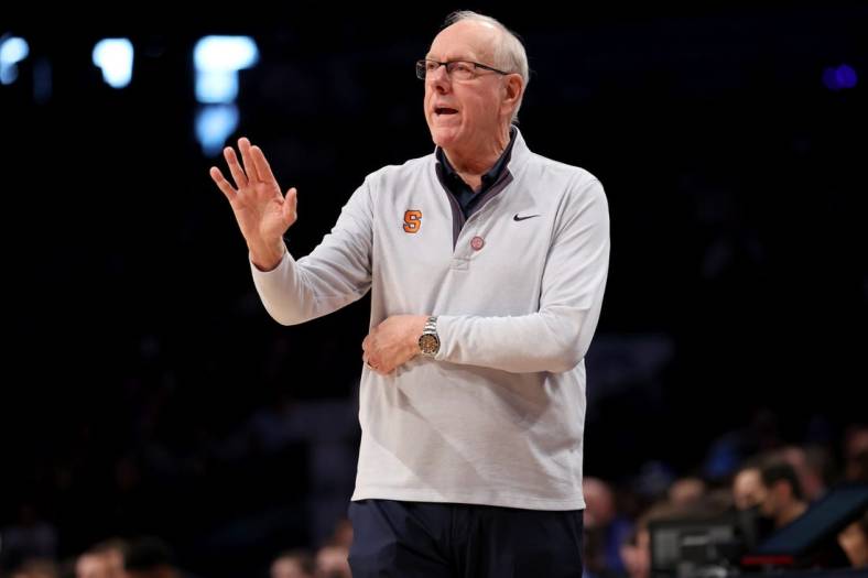 Mar 10, 2022; Brooklyn, NY, USA; Syracuse Orange head coach Jim Boeheim coaches against the Duke Blue Devils during the first half at Barclays Center. Mandatory Credit: Brad Penner-USA TODAY Sports