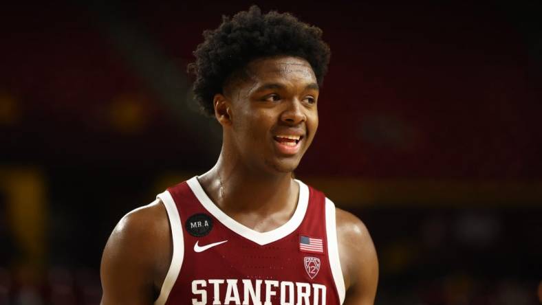 Mar 5, 2022; Tempe, Arizona, USA; Stanford Cardinal forward Harrison Ingram (55) against the Arizona State Sun Devils at Desert Financial Arena. Mandatory Credit: Mark J. Rebilas-USA TODAY Sports