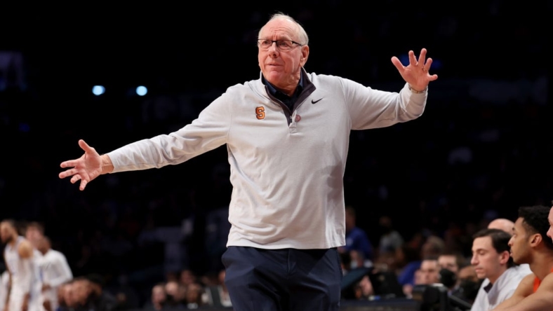 Mar 10, 2022; Brooklyn, NY, USA; Syracuse Orange head coach Jim Boeheim reacts during the second half against the Duke Blue Devils at Barclays Center. Mandatory Credit: Brad Penner-USA TODAY Sports