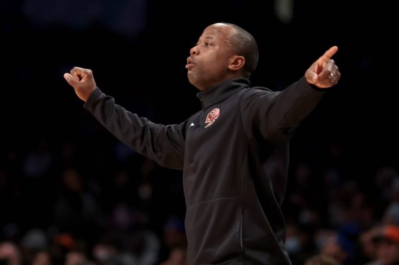 Mar 10, 2022; Brooklyn, NY, USA; Boston College Eagles head coach Earl Grant coaches against the Miami Hurricanes during the first half at Barclays Center. Mandatory Credit: Brad Penner-USA TODAY Sports