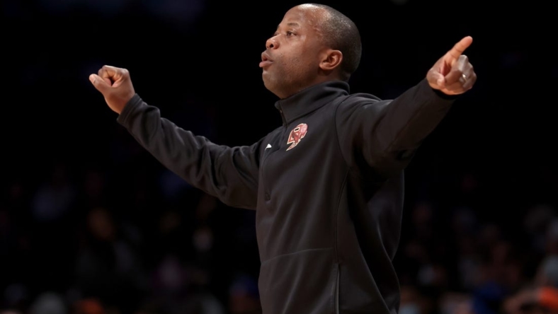Mar 10, 2022; Brooklyn, NY, USA; Boston College Eagles head coach Earl Grant coaches against the Miami Hurricanes during the first half at Barclays Center. Mandatory Credit: Brad Penner-USA TODAY Sports