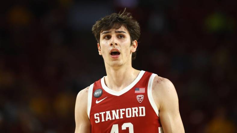 Mar 5, 2022; Tempe, Arizona, USA; Stanford Cardinal forward Maxime Raynaud (42) against the Arizona State Sun Devils at Desert Financial Arena. Mandatory Credit: Mark J. Rebilas-USA TODAY Sports