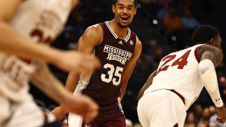 Mar 10, 2022; Tampa, FL, USA;Mississippi State Bulldogs forward Tolu Smith (35) celebrates as he makes a layup against the South Carolina Gamecocks  during the second half at Amalie Arena. Mandatory Credit: Kim Klement-USA TODAY Sports