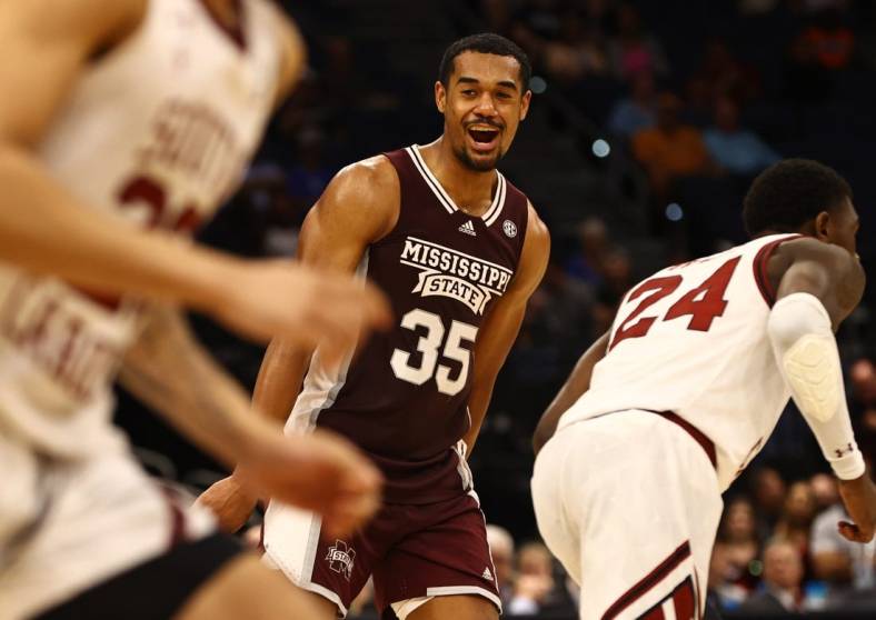 Mar 10, 2022; Tampa, FL, USA;Mississippi State Bulldogs forward Tolu Smith (35) celebrates as he makes a layup against the South Carolina Gamecocks  during the second half at Amalie Arena. Mandatory Credit: Kim Klement-USA TODAY Sports