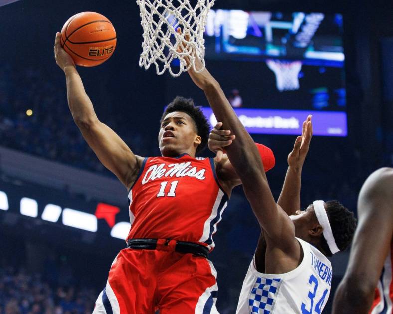 Mar 1, 2022; Lexington, Kentucky, USA; Mississippi Rebels guard Matthew Murrell (11) goes to the basket during the first half against the Kentucky Wildcats at Rupp Arena at Central Bank Center. Mandatory Credit: Jordan Prather-USA TODAY Sports