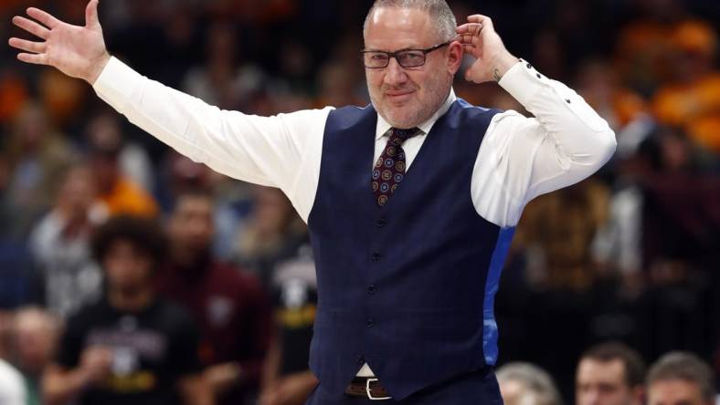 Mar 13, 2022; Tampa, FL, USA; Texas A&M Aggies head coach Buzz Williams reacts during the first half against the Tennessee Volunteers at Amalie Arena. Mandatory Credit: Kim Klement-USA TODAY Sports