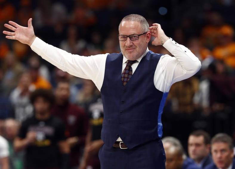 Mar 13, 2022; Tampa, FL, USA; Texas A&M Aggies head coach Buzz Williams reacts during the first half against the Tennessee Volunteers at Amalie Arena. Mandatory Credit: Kim Klement-USA TODAY Sports