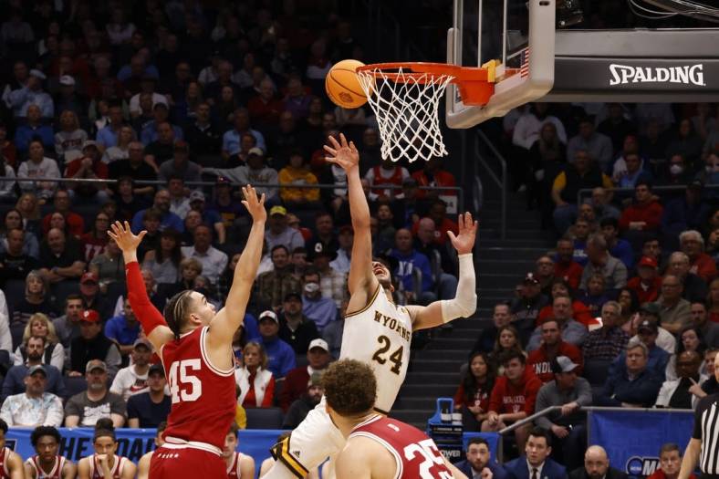 Mar 15, 2022; Dayton, OH, USA; Wyoming Cowboys guard Hunter Maldonado (24) shoots the ball in the in the first half against the Indiana Hoosiers during the First Four of the 2022 NCAA Tournament at UD Arena. Mandatory Credit: Rick Osentoski-USA TODAY Sports