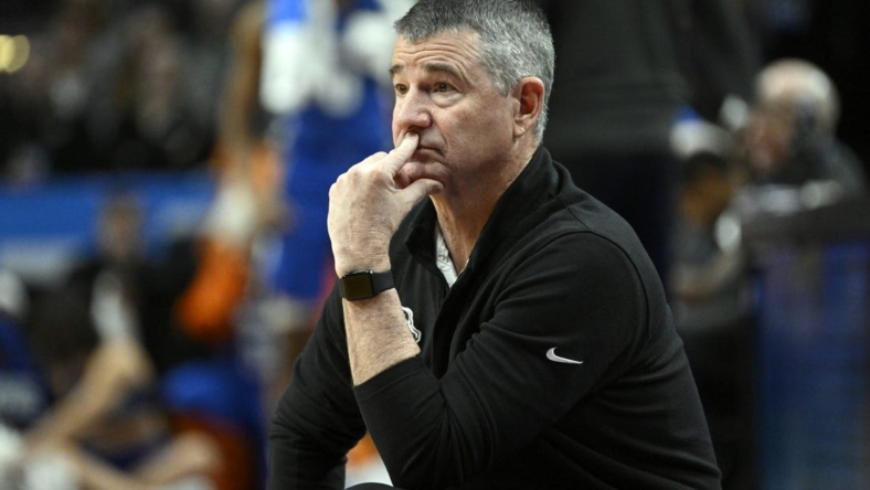 Mar 17, 2022; Portland, OR, USA; Boise State Broncos head coach Leon Rice looks on in the first half against the Memphis Tigers during the first round of the 2022 NCAA Tournament at Moda Center. Mandatory Credit: Troy Wayrynen-USA TODAY Sports