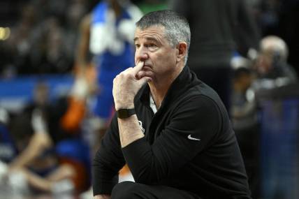 Mar 17, 2022; Portland, OR, USA; Boise State Broncos head coach Leon Rice looks on in the first half against the Memphis Tigers during the first round of the 2022 NCAA Tournament at Moda Center. Mandatory Credit: Troy Wayrynen-USA TODAY Sports