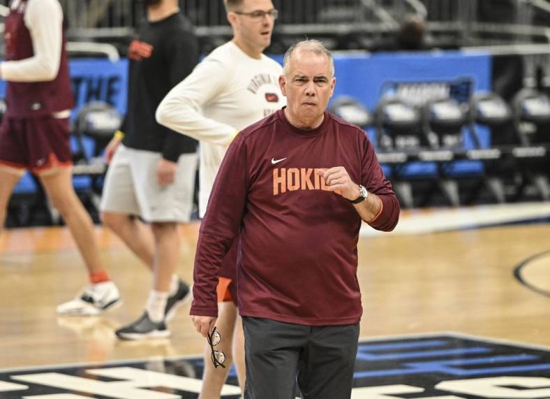 Mar 17, 2022; Milwaukee, WI, USA; Virginia Tech Hokies head coach Mike Young watches team during practice before the first round of the 2022 NCAA Tournament at Fiserv Forum. Mandatory Credit: Benny Sieu-USA TODAY Sports