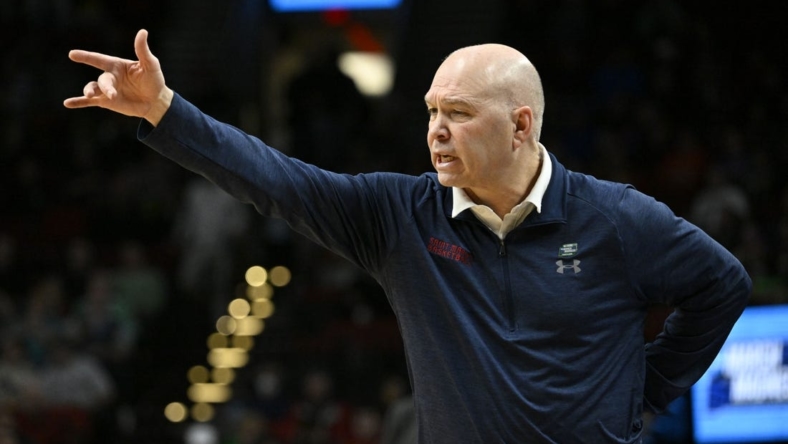 Mar 17, 2022; Portland, OR, USA; Saint Mary's Gaels head coach Randy Bennett instructs against the Indiana Hoosiers during the first half during the first round of the 2022 NCAA Tournament at Moda Center. Mandatory Credit: Troy Wayrynen-USA TODAY Sports