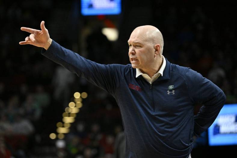 Mar 17, 2022; Portland, OR, USA; Saint Mary's Gaels head coach Randy Bennett instructs against the Indiana Hoosiers during the first half during the first round of the 2022 NCAA Tournament at Moda Center. Mandatory Credit: Troy Wayrynen-USA TODAY Sports