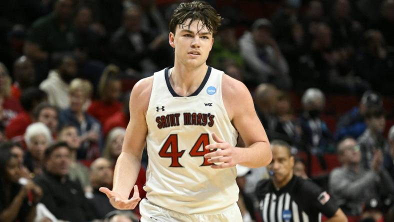 Mar 17, 2022; Portland, OR, USA; Saint Mary's Gaels guard Alex Ducas (44) celebrates against the Indiana Hoosiers during the first half during the first round of the 2022 NCAA Tournament at Moda Center. Mandatory Credit: Troy Wayrynen-USA TODAY Sports