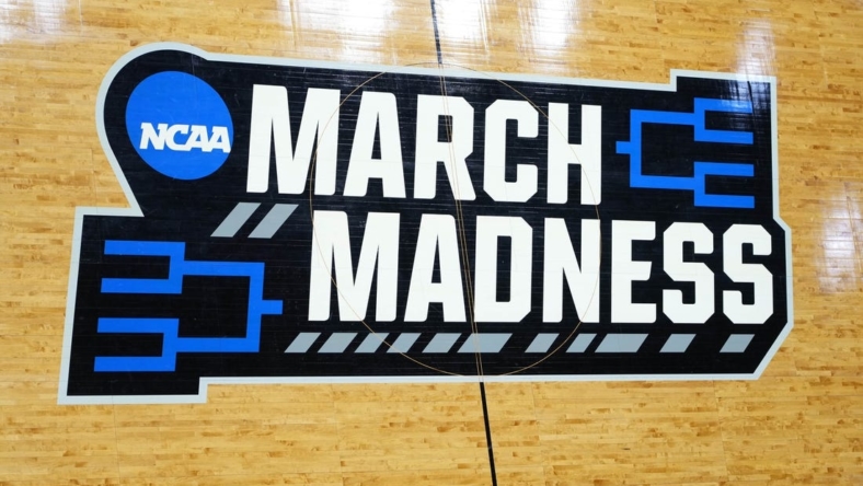 Mar 17, 2022; San Diego, CA, USA; A general view of the March Madness logo at center court before the first round of the 2022 NCAA Tournament at Viejas Arena. Mandatory Credit: Kirby Lee-USA TODAY Sports