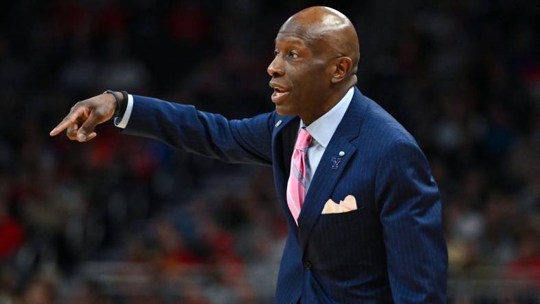 Mar 18, 2022; Milwaukee, WI, USA; Yale Bulldogs head coach James Jones reacts during the first half against the Purdue Boilermakers in the first round of the 2022 NCAA Tournament at Fiserv Forum. Mandatory Credit: Benny Sieu-USA TODAY Sports