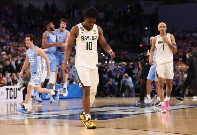 Mar 19, 2022; Fort Worth, TX, USA; Baylor Bears guard Adam Flagler (10) walks off the court after losing to the North Carolina Tar Heels during the second round of the 2022 NCAA Tournament at Dickies Arena. Mandatory Credit: Kevin Jairaj-USA TODAY Sports