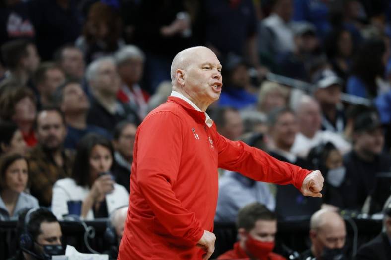 Mar 19, 2022; Portland, OR, USA; UCLA Bruins head coach Mick Cronin during the first half against the St. Mary's Gaels in the second round of the 2022 NCAA Tournament at Moda Center. Mandatory Credit: Soobum Im-USA TODAY Sports