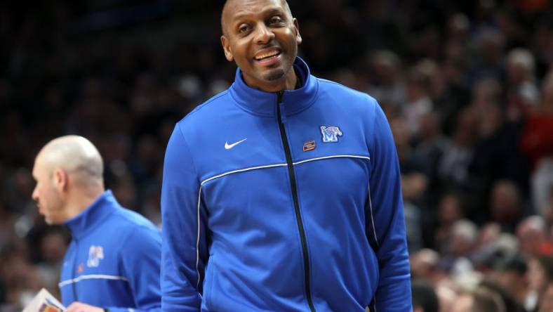 Memphis Tigers Head Coach Penny Hardaway looks over to the referee as the team takes on the Gonzaga Bulldogs in their second round NCAA Tournament matchup on Saturday, March 19, 2022 at the Moda Center in Portland, Ore.

Jrca3790