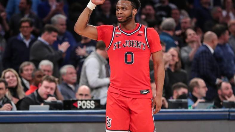 Mar 10, 2022; New York, NY, USA;  St. John's Red Storm guard Posh Alexander (0) at the Big East Tournament at Madison Square Garden. Mandatory Credit: Wendell Cruz-USA TODAY Sports