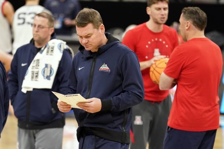 Mar 23, 2022; San Antonio, TX, USA; Arizona Wildcats head coach Tommie Lloyd during a team practice for the NCAA Tournament South Regional at AT&T Center. Mandatory Credit: Scott Wachter-USA TODAY Sports