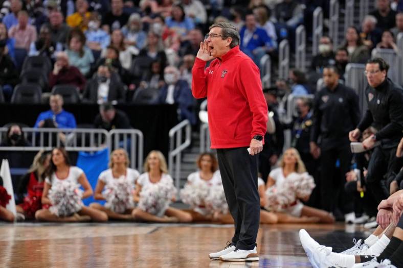 Mar 24, 2022; San Francisco, CA, USA; Texas Tech Red Raiders head coach Mark Adams instructs his team against the Duke Blue Devils during the first half in the semifinals of the West regional of the men's college basketball NCAA Tournament at Chase Center. Mandatory Credit: Kelley L Cox-USA TODAY Sports