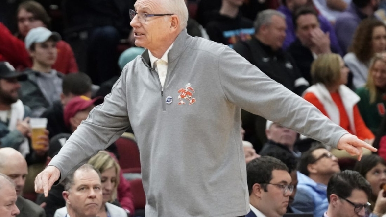 Mar 25, 2022; Chicago, IL, USA; Miami Hurricanes head coach Jim Larranaga reacts during the first half against the Iowa State Cyclones in the semifinals of the Midwest regional of the men's college basketball NCAA Tournament at United Center. Mandatory Credit: David Banks-USA TODAY Sports