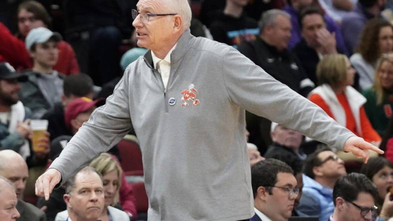 Mar 25, 2022; Chicago, IL, USA; Miami Hurricanes head coach Jim Larranaga reacts during the first half against the Iowa State Cyclones in the semifinals of the Midwest regional of the men's college basketball NCAA Tournament at United Center. Mandatory Credit: David Banks-USA TODAY Sports