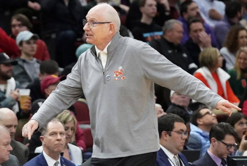 Mar 25, 2022; Chicago, IL, USA; Miami Hurricanes head coach Jim Larranaga reacts during the first half against the Iowa State Cyclones in the semifinals of the Midwest regional of the men's college basketball NCAA Tournament at United Center. Mandatory Credit: David Banks-USA TODAY Sports